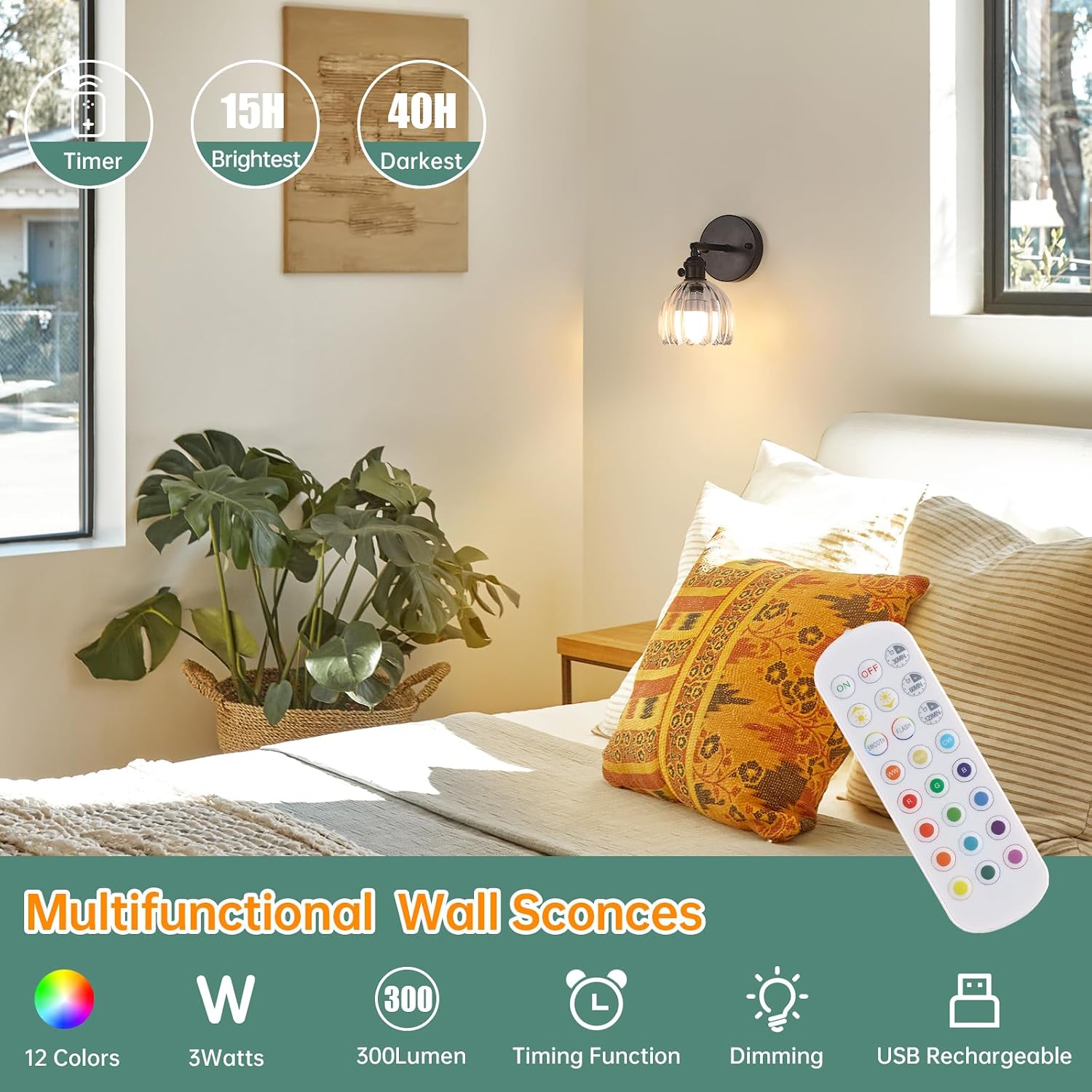 Shenmoyl Vintage Battery Operated Wall Sconce with Transparent Tulip Glass Lampshade Rechargeable Battery Powered Black Wall Light with Remote Control for Bedside Bedroom Doorway