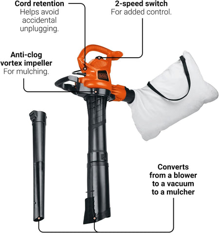 BLACK+DECKER Corded Leaf Blower Leaf Vacuum and Leaf Mulcher 3-in-1, Up to 230 MPH, 12 Amp Handheld Blower and Vacuum Combo (BV3600)