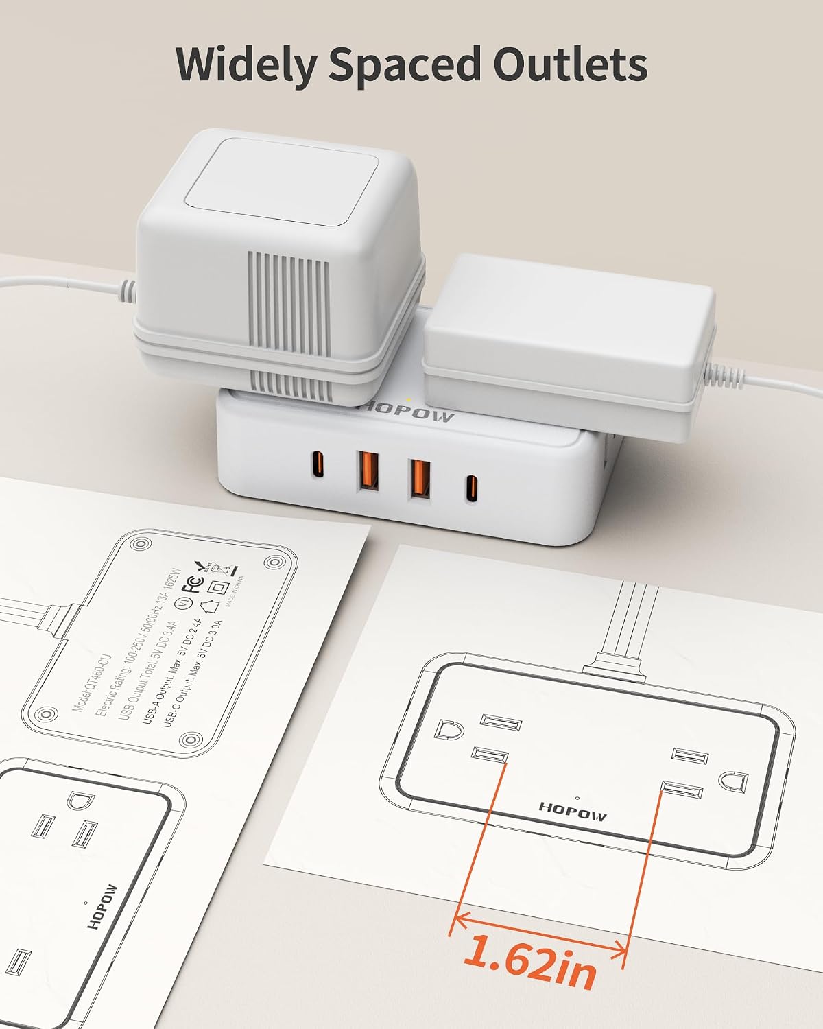 HOPOW Flat Plug Extension Cord, 4AC&2A2C, 6 FT Power Strip for Travel