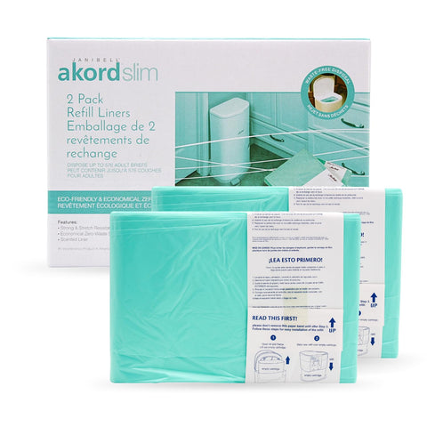 Janibell Akord Slim Adult Diaper Pail Refill Liners, 2 Count – Fits Akord 280 Slim, Odor Locking, Easy Cut & Tie, Hands-Free, Continuous Liner System – Each 2-Pack Holds Up to 576 Adult Diapers