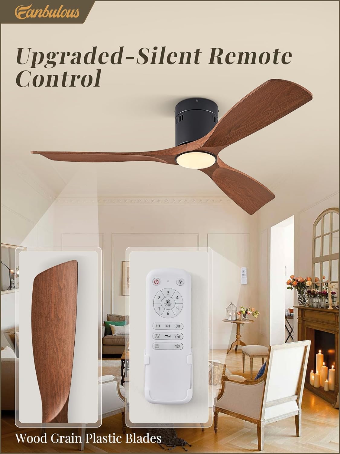 Fanbulous 52" Flush Mount Ceiling Fan with Lights and Remote,6-Speed