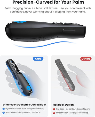 Wireless Presenter Clicker with Bluetooth & USB+Type-C Receiver, Red Laser Pointer, Powerpoint Clicker with Volume Control for PowerPoint/Keynote/Google Slides, Compatible with Laptop/Mac/PC/Android