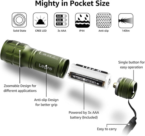 Lepro LED White Light Flashlight, High Lumens Waterproof Adjustable Focus