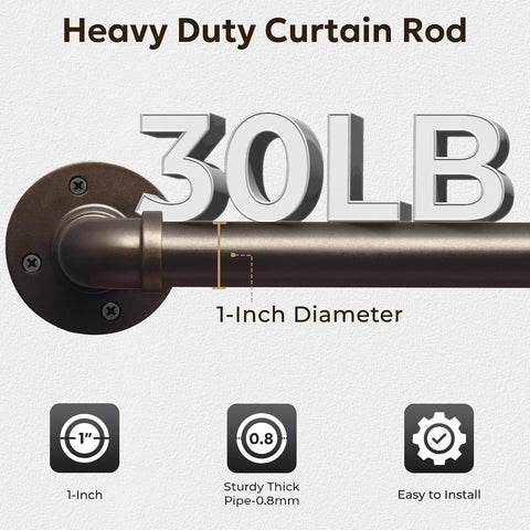 Zeerobee 1 Inch Industrial Curtain Rods, Antique Bronze, 32"-48"
