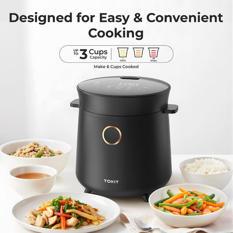 TOKIT Mini Rice Cooker with 3-Cup Uncooked Capacity and 9 Presets