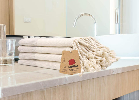 Bazaar Anatolia Turkish Hand Towels Set of 4, 39x19 in, Herringbone Beige