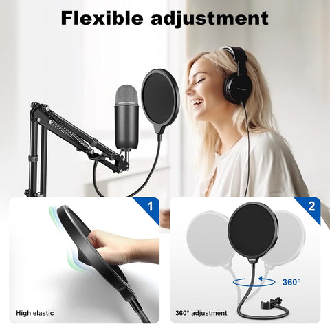 Aokeo Professional Microphone Pop Filter Mask Shield For Blue Yeti and Any Other Microphone,Mic Dual Layered Wind Pop Screen With Flexible 360° Gooseneck Clip Stabilizing Arm