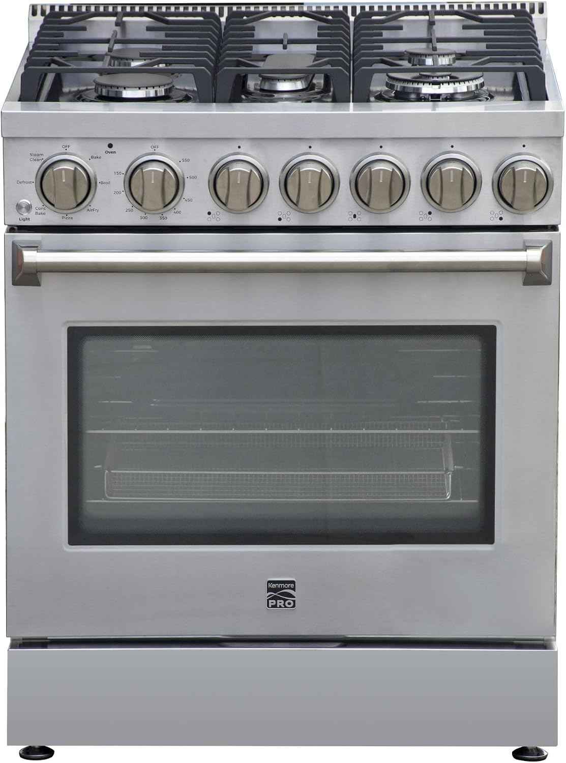 Kenmore PRO 30" Front Control Freestanding Gas Range, 5.0 Cu. Ft Oven With True Convection & Air Fry, 5 Burner Cooktop, 7 Function Convection Oven With Pizza, Defrost & Steam Clean, Stainless Steel