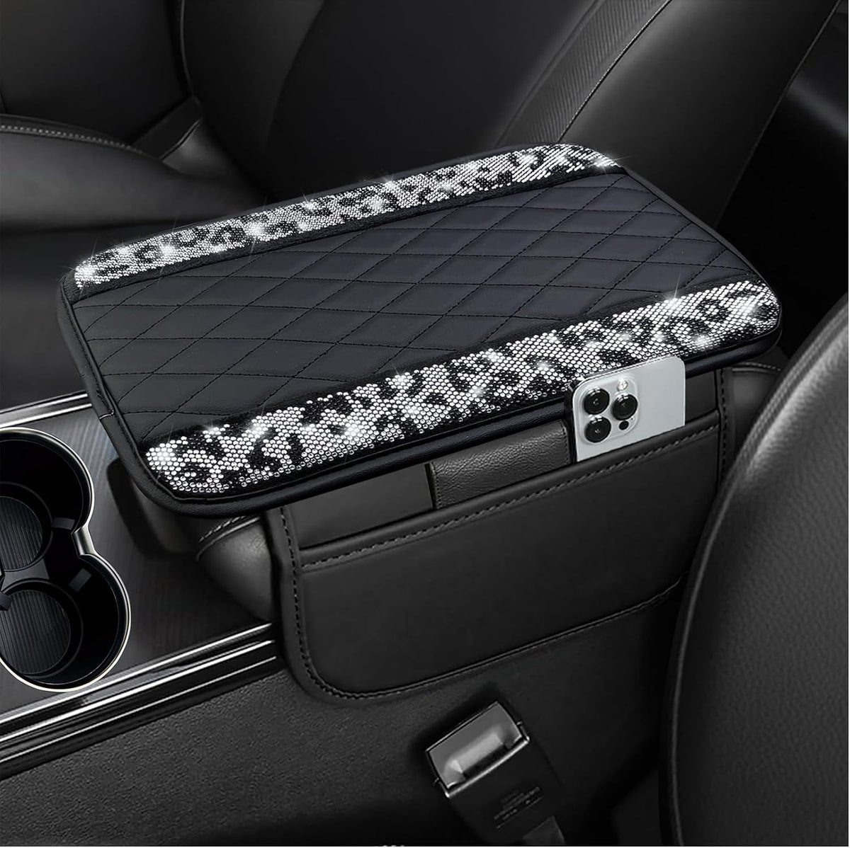 NBTEPEM Bling Snow Leopard Center Console Cover, Leather Car Arm Rest Cover Cushion with 2 Storage Bags, Middle Console Cover Universal Armrest Protector Pads, Cheetah Leopard Print Bling Accessories