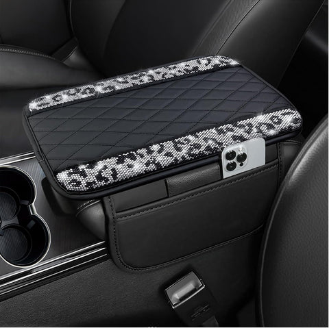 NBTEPEM Bling Snow Leopard Center Console Cover, Leather Car Arm Rest Cover Cushion with 2 Storage Bags, Middle Console Cover Universal Armrest Protector Pads, Cheetah Leopard Print Bling Accessories