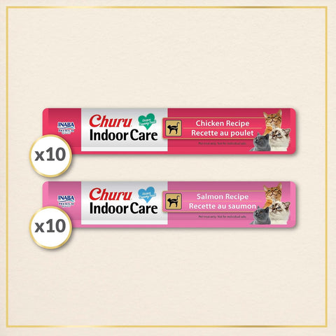 INABA Churu Indoor Care for Hairball Control, Functional Lickable Cat Treat with Taurine & Green Tea Extract, 0.5oz Each, 20 Tubes Total, Chicken & Salmon Variety
