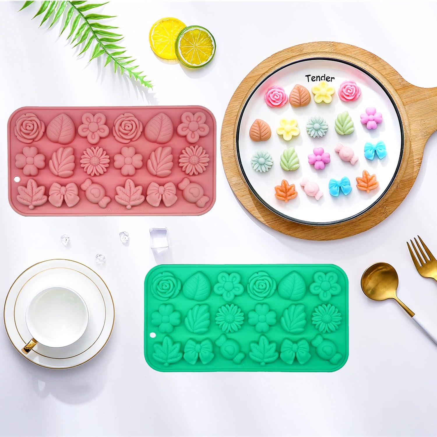 Candy Molds Silicone - 2Pcs Silicone Gummy Daisy Flower/Tulip Flower/Bow Tie/Leaf Candy Mold for Candy Chocolate Gummy Jello Baking Soap Pudding Cookie Desserts Making