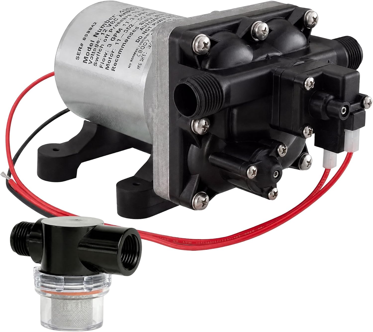 4008-101-A65 12V RV Water Pump replacement, 3.0 GPM, 55 PSI + Strainer