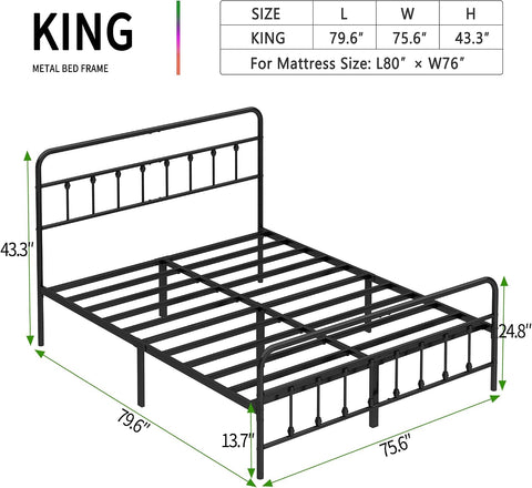King Size Metal Bed Frame with Headboard and Footboard,Black