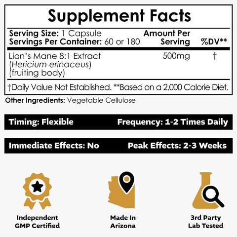 Nootropics Depot Lions Mane Mushroom Capsules | 8:1 Whole Fruiting Body Dual Extract | 500mg | 180 Count | Hericium erinaceus