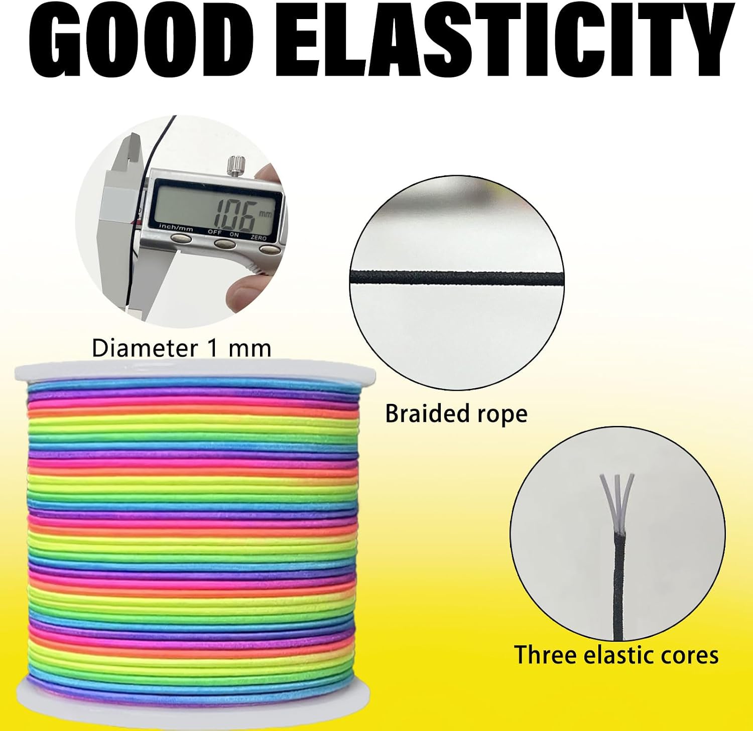 1.0mm Elastic Bracelet String Cord, Crystal Stretch Bead Cord for Bracelets Jewelry Making, Clear Stretchy Elastic String for Beading, Transparent Thread (1.0MM(Rainbow/Black/White)/495ft)