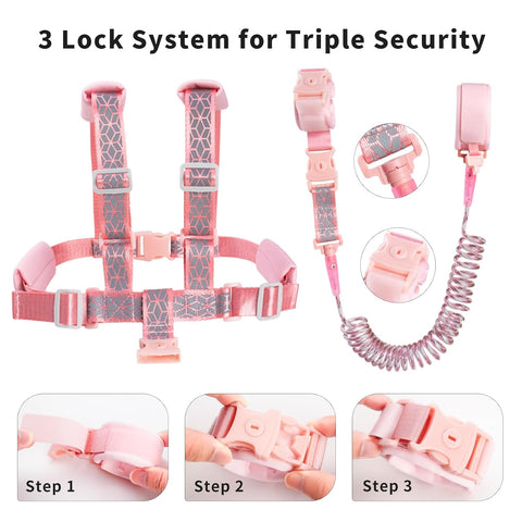 Toddler Leash Harness Backpack 4-in-1, Anti Lost Wrist Link & Safety Strap for Kids Boys Girls, Reflective Adjustable Baby Walking Belt for Park Zoo Travel, Child Cute Reins (Pink)