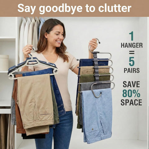 Pants Hangers Space Saving, 5 Tier Jeans Hanger for Closet, Black Multiple Heavy Duty Stainless Steel Pant Rack for Trousers, Legging with 20 Clips (4 Pack)
