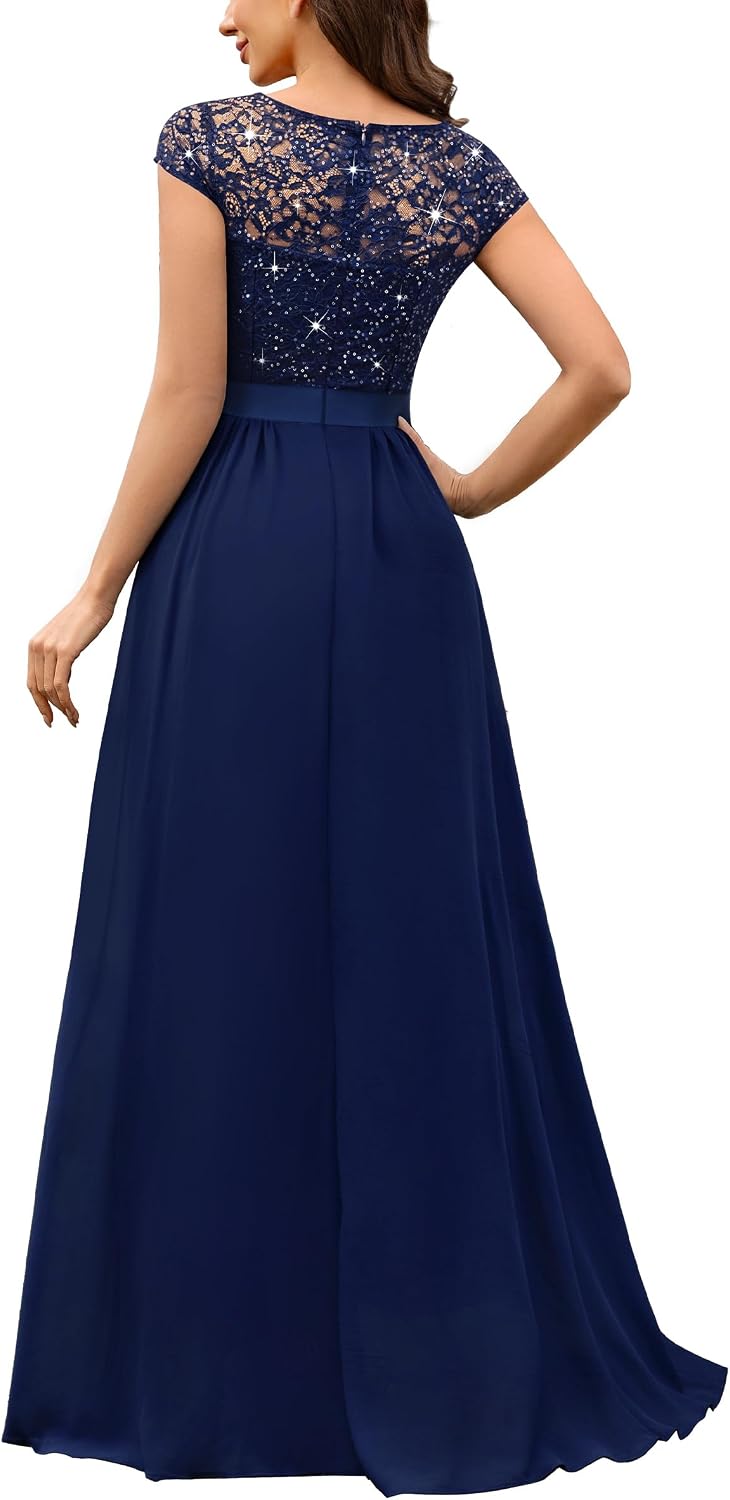 Miusol Women's V-Neck Sequined Floral Lace Formal Evening Maxi Dress