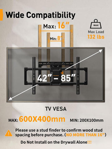 Perlegear UL Listed Full Motion TV Wall Mount for 42-85 inch TVs up to 132 lbs, TV Mount with Dual Articulating Arms, Tool-Free Tilt, Swivel, Extension, Leveling, Max VESA 600x400mm, 16" Studs, PGLF8