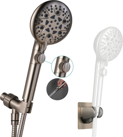 GwernKB Brushed Nickel Shower Heads Handheld with On Off Switch,8-Mode High Pressure Shower Wand with 79In Stainless Steel Hose&Bracket PLUS Low-Reach Adhesive Wall Mount Holder for Kids&Elderly