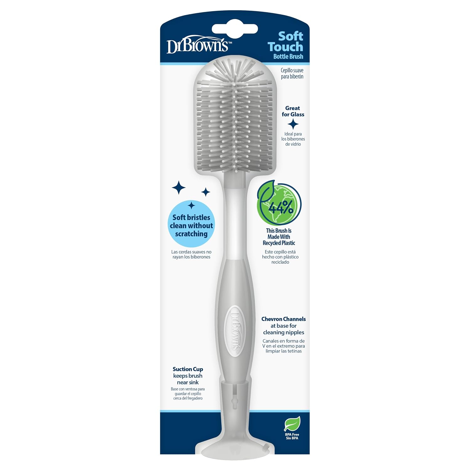 Dr. Brown's Soft Touch No Scratch Baby Bottle Cleaning Brush, Nipple Cleaner & Suction Cup Base for Easy Storage, BPA Free, Gray (Pack of 12)