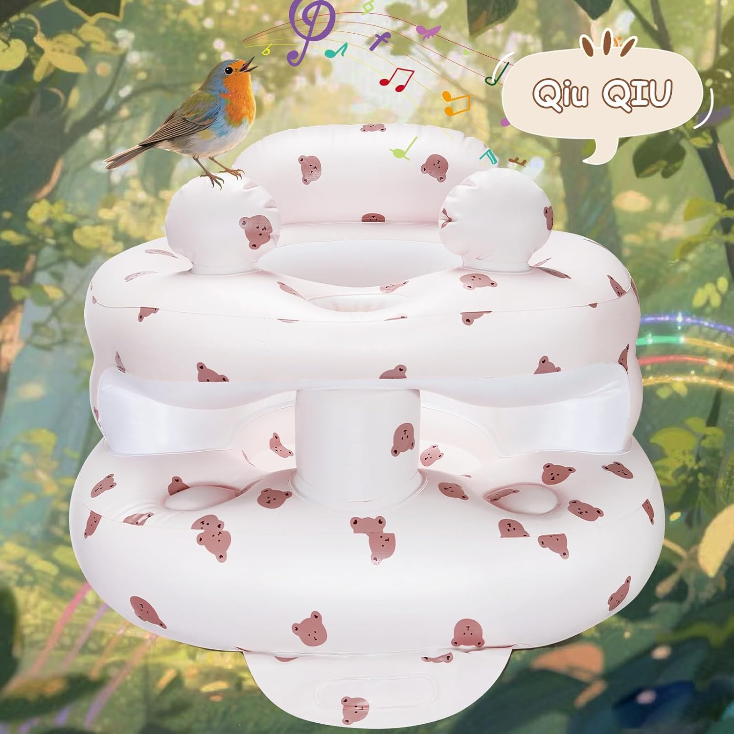 Inflatable Baby Seat for Babies 3-36 Months，[Squeaky Sound & Anti-Fall Design] Inflatable Chair with Sound-Making Ears, Baby Seat for Sitting-Up Practice, Built-in Air Pump (Ear Bear)
