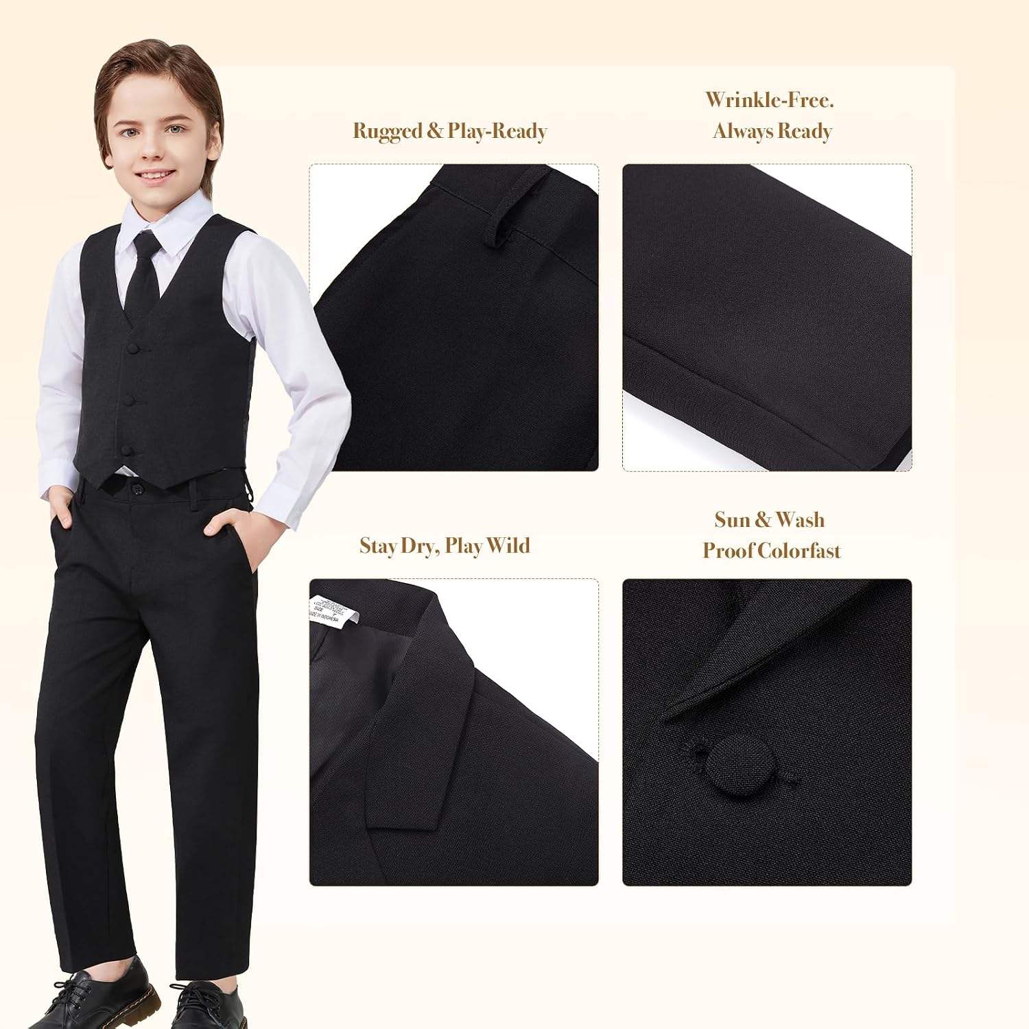 Luca Gabriel Toddler Boys' 5 Piece Classic Fit No Tail Formal Khaki Dress Suit Set with Tie and Vest