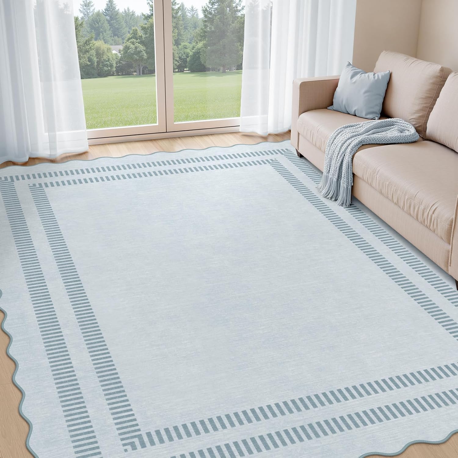 Washable 8x10 Area Rugs for Living Room, Solid Blue Large Bedroom Rug Non-Slip Stain Resistant Dining Room Rugs, Soft Scalloped Carpet for Nursery Kids Room Office