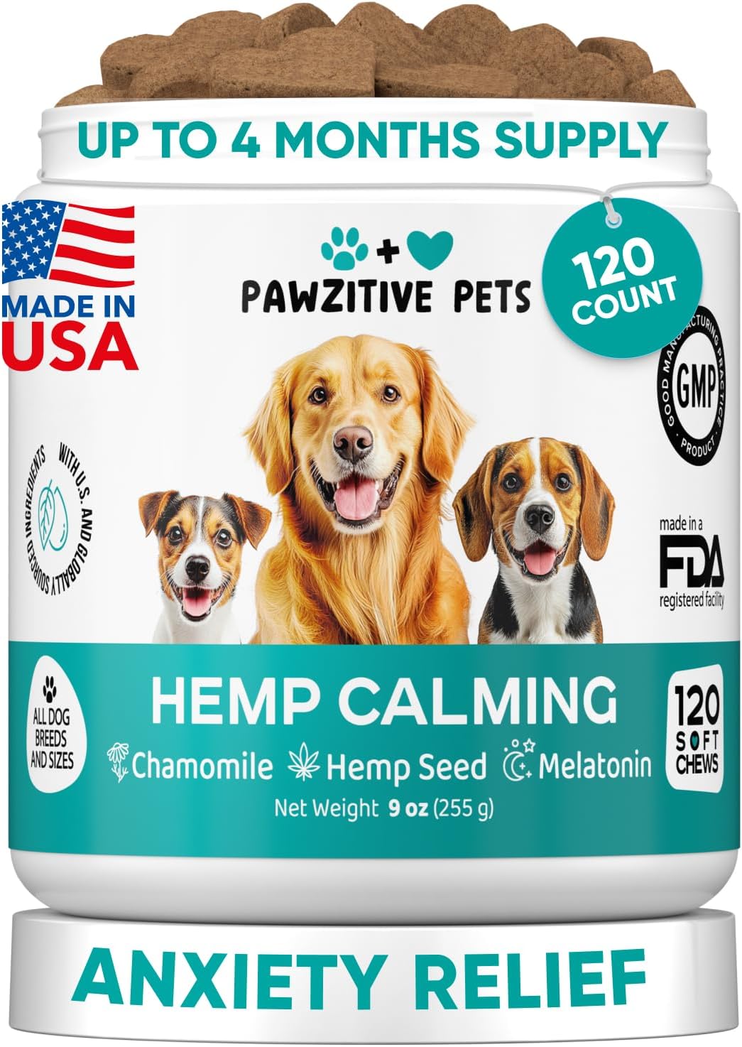 Hemp Calming Chews for Dogs - Dog Calming Chews for Anxiety Relief, Stress, Separation, Fireworks, Thunder, Travel, Vet Visits - USA Product - 120 Soft Treats with Melatonin, Chamomile, Passion Flower