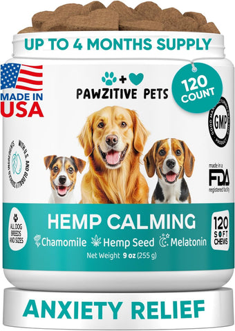 Hemp Calming Chews for Dogs - Dog Calming Chews for Anxiety Relief, Stress, Separation, Fireworks, Thunder, Travel, Vet Visits - USA Product - 120 Soft Treats with Melatonin, Chamomile, Passion Flower