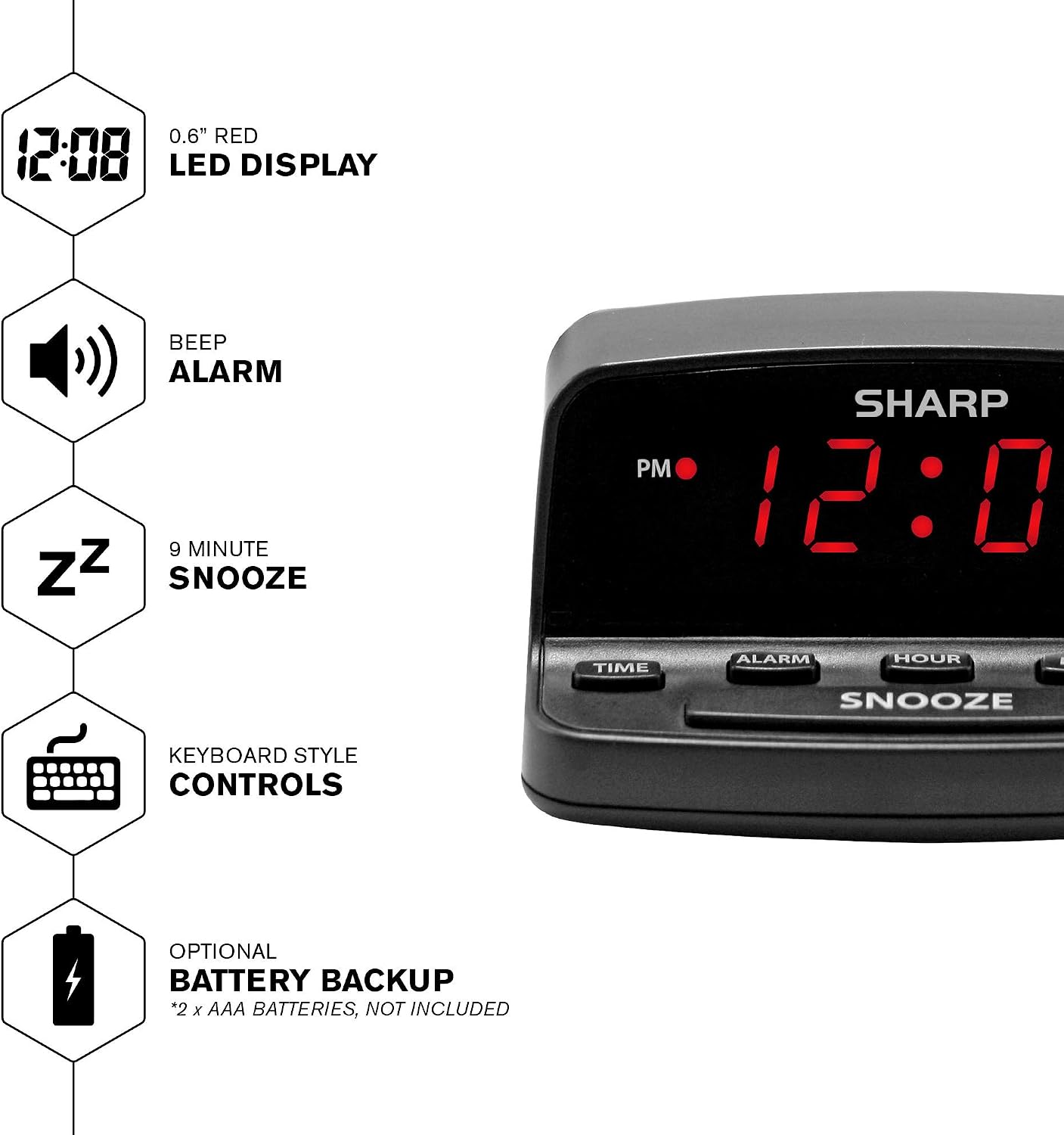 Sharp Digital Alarm Clock with Keyboard Controls, Large Snooze, Red LED