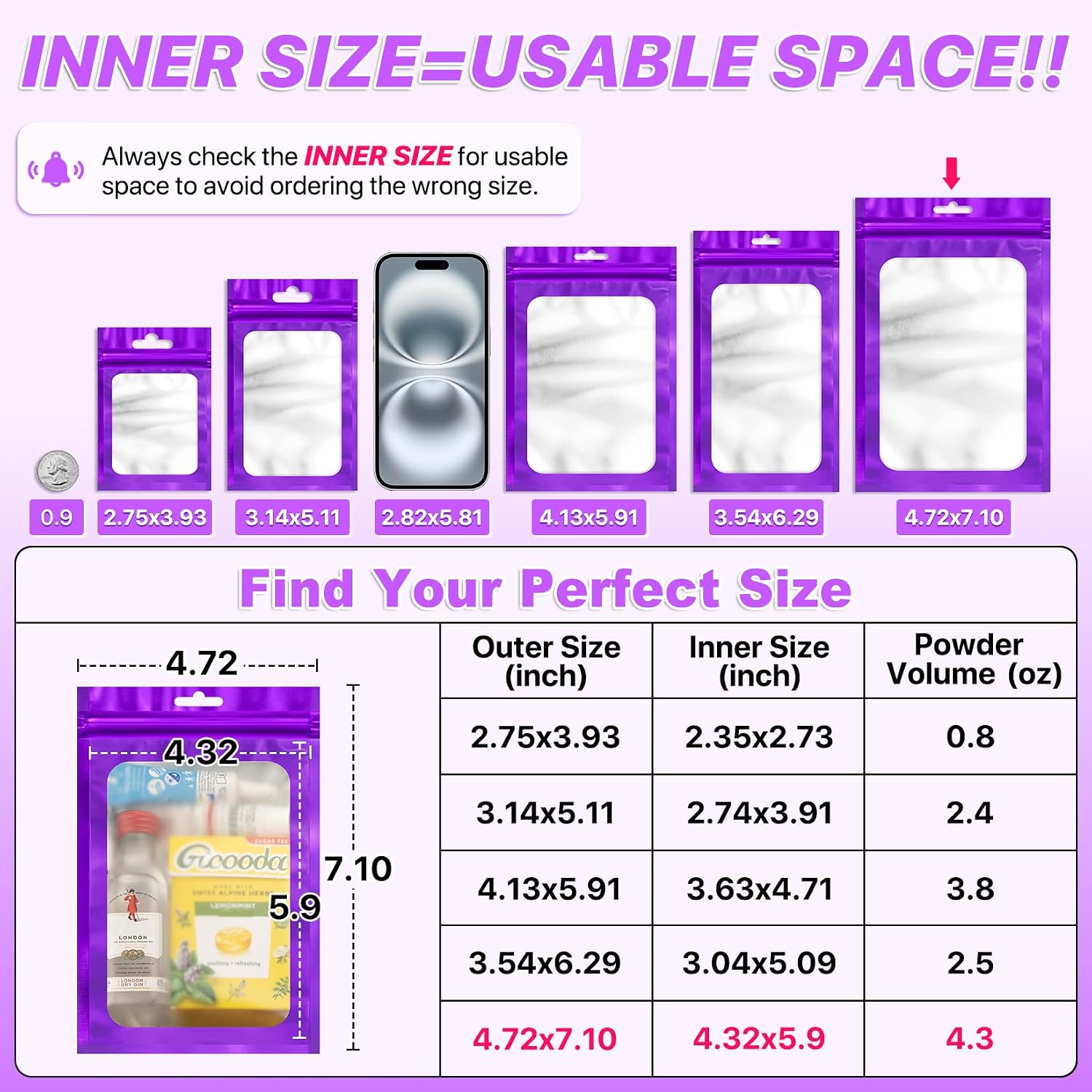 ANZNKU 100 Pcs Purple Mylar Bags, Resealable Smell Proof Bag Foil Pouches