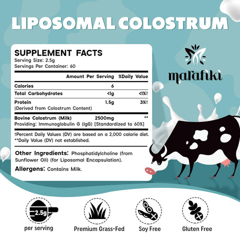 Marafiki Liposomal Bovine Colostrum Supplement - Grass Fed Colostrum Powder - High Bioavailability, Easy to Mix (60 Servings)