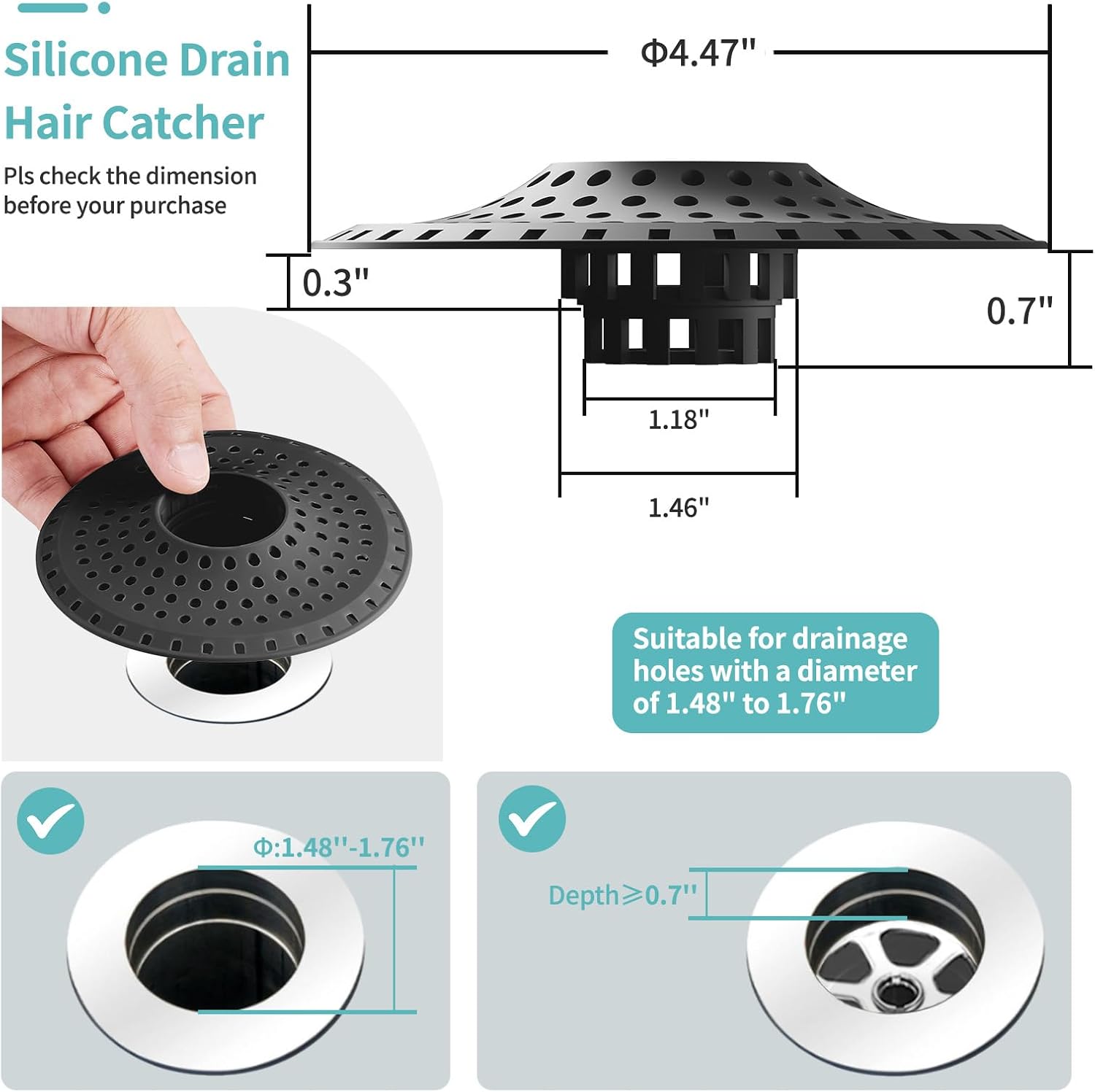Aluvor Shower Hair Drain Catcher, Silicone Bathtub Drain Hair Catcher Strainer, All-in-one Tub Hair Catcher Drain Protector for 1.48'' to 1.76'' Regular Drains, 3PCS/Black