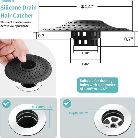 Aluvor Shower Hair Drain Catcher, Silicone Bathtub Drain Hair Catcher Strainer, All-in-one Tub Hair Catcher Drain Protector for 1.48'' to 1.76'' Regular Drains, 3PCS/Black