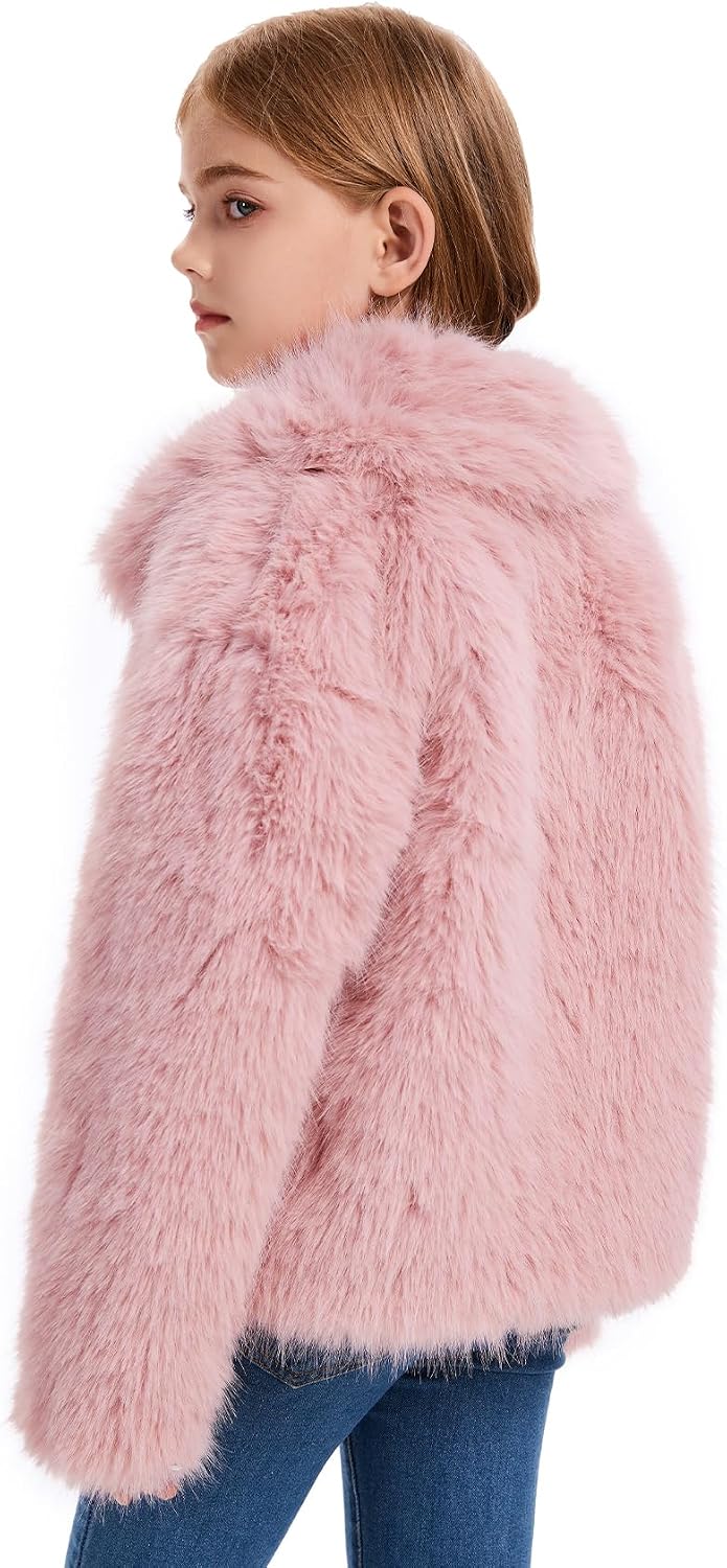 Flygo Girls Faux Fur Coat Fluffy Open Front Winter Shaggy Jackets 5-14Y