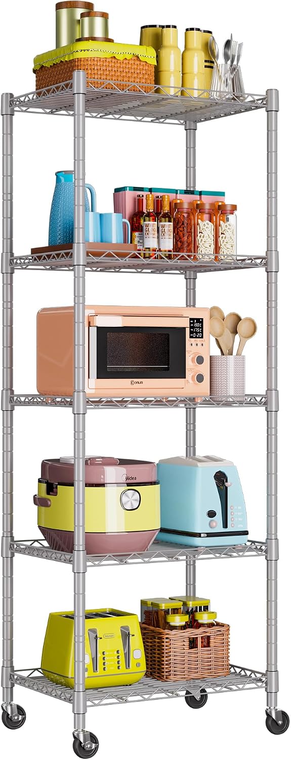 REGILLER 5-Wire Shelving Metal Storage Rack Adjustable Shelves,Standing Storage Shelf Units for Laundry Bathroom Kitchen Pantry Closet(Silver,11.8" D x 16.6" W x 53.5" H,With Wheels)