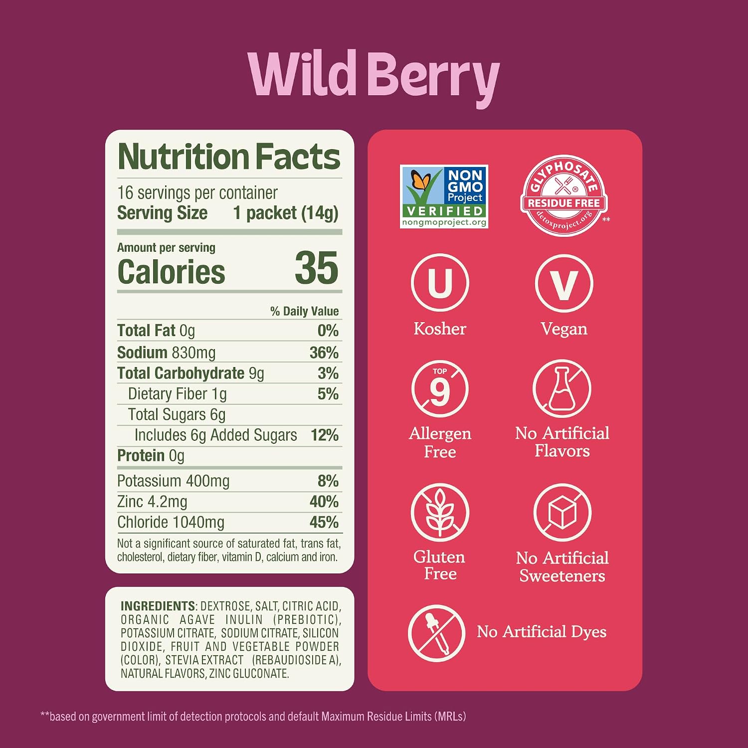 KinderFarms Kids Advanced Electrolyte Powder Drink Mix, Wild Berry, 16 Ct