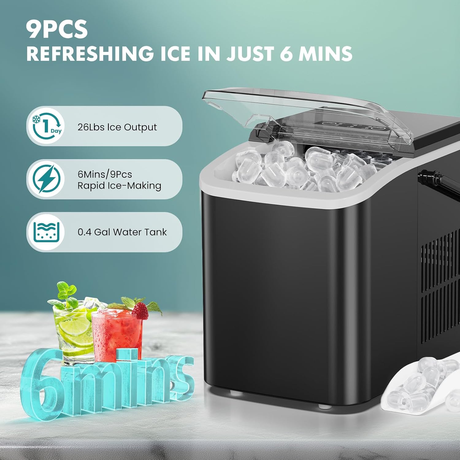 OLIXIS Ice Maker Machine with Handle,26lbs in 24 Hours, Portable Ice Maker
