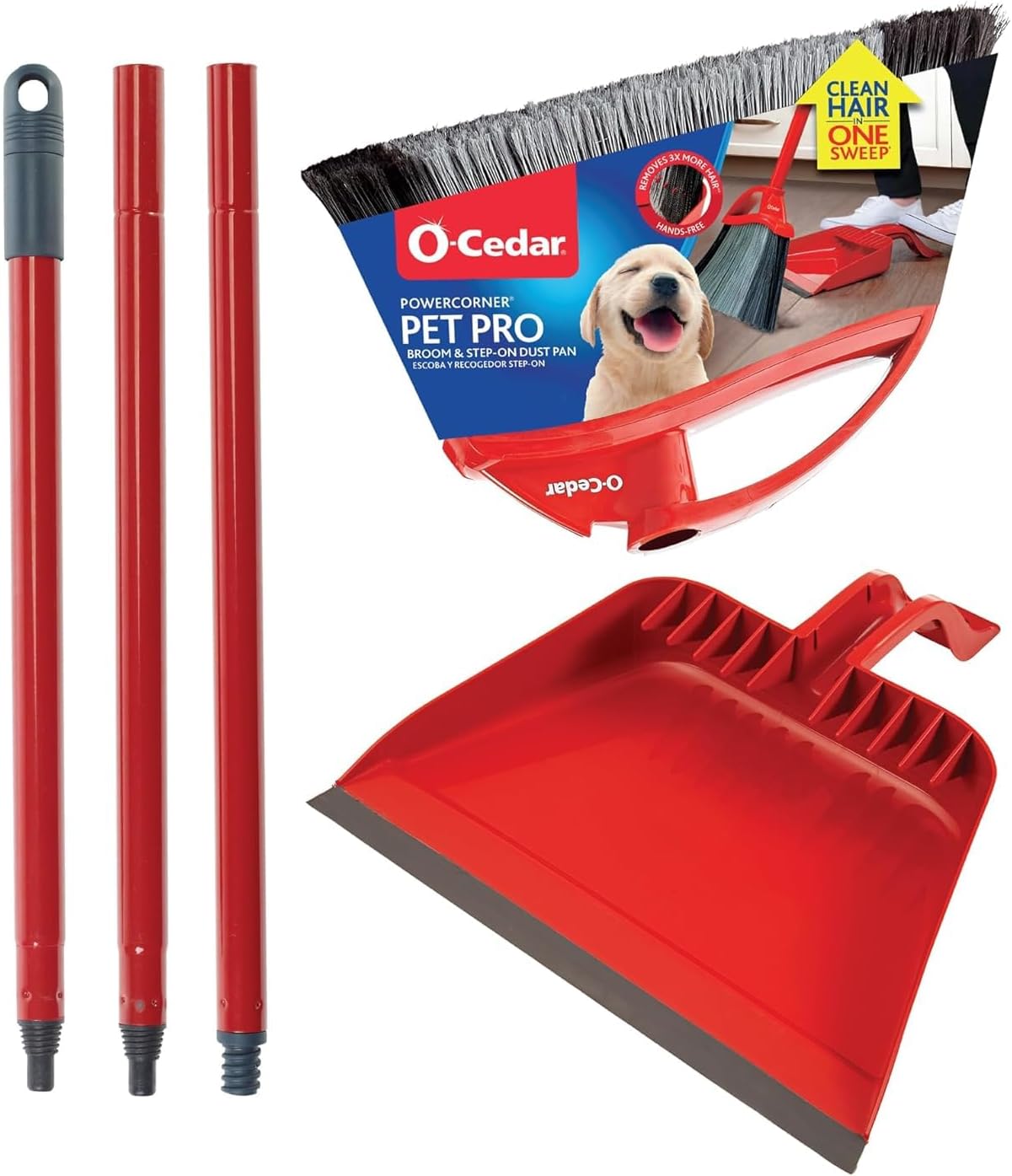 O-Cedar Pet Pro Broom with Step-On Dustpan | Removes Over 99% of Dust & Dirt in One Sweep | Removes 3X More Pet Hair | Quiet Cleaning Tool for Cat and Dog Owners