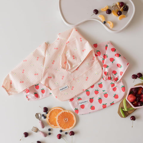 Tiny Twinkle Long Sleeve Bib for Babies&Toddlers|2-Pack Waterproof Smock Bib for Eating|Machine Washable&Mess-Proof Feeding Essentials|Newborn Shower Gift(Cherry Coquette,Strawberries,6-24M)