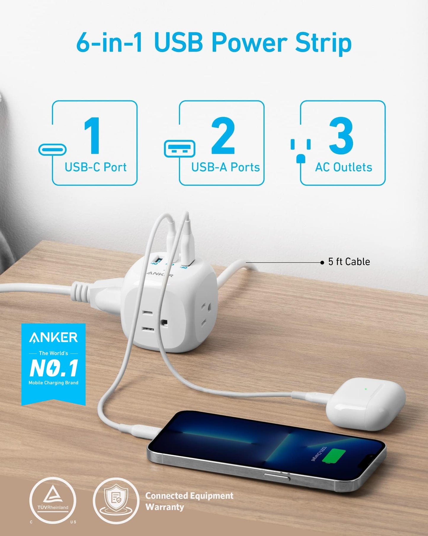 2 Pack Anker 20W USB C Power Strip, 321 Power Strip with 3 Outlets and USB C Charging for iPhone 14/13 Series, 5 ft Extension Cord, Power Delivery,for Dorm Rooms,Home Office, Cruise Ship Travel