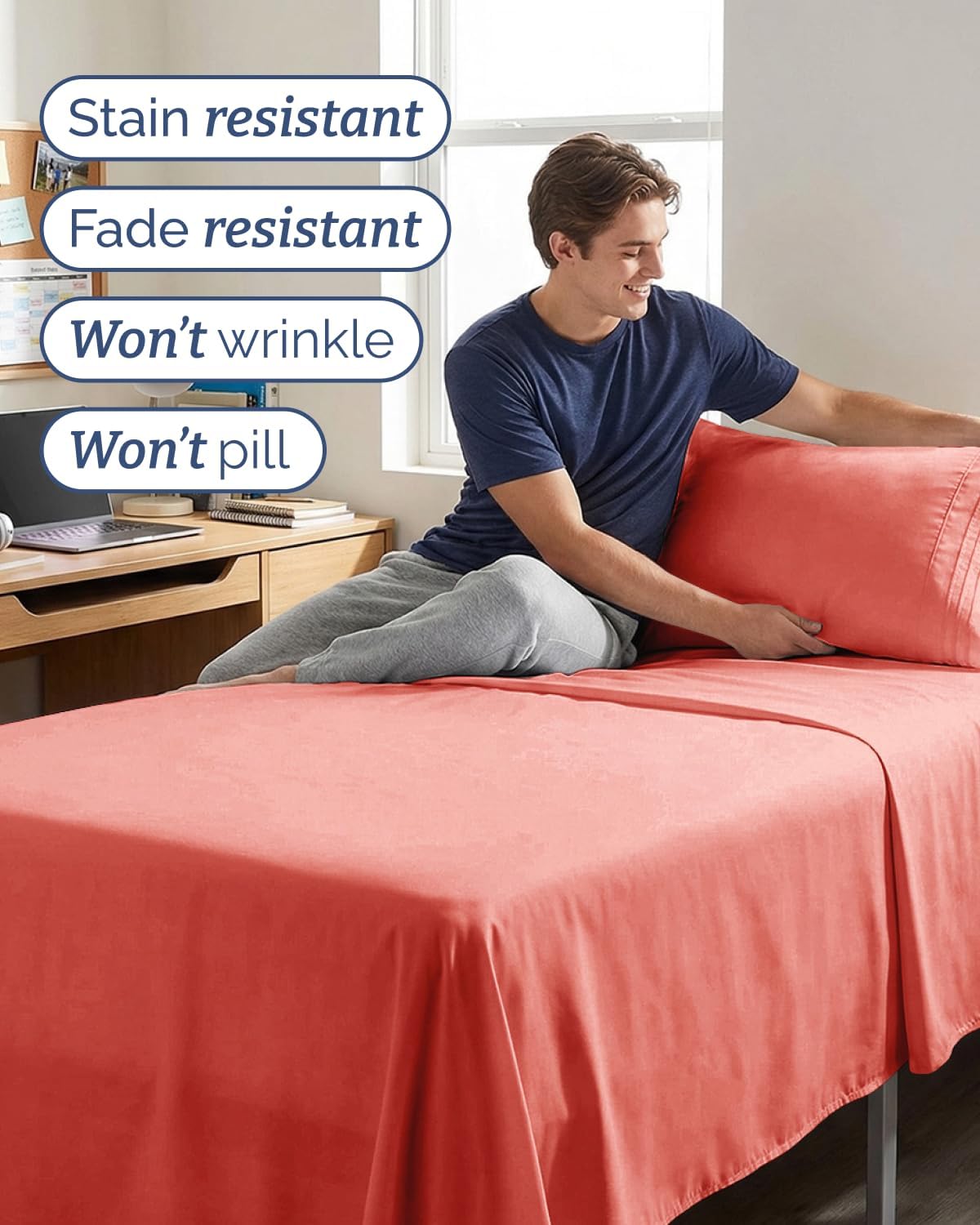 Twin XL 3 Piece Sheet Set - College Dorm Room Essentials - Coral