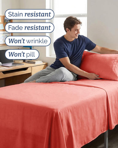 Twin XL 3 Piece Sheet Set - College Dorm Room Essentials - Coral