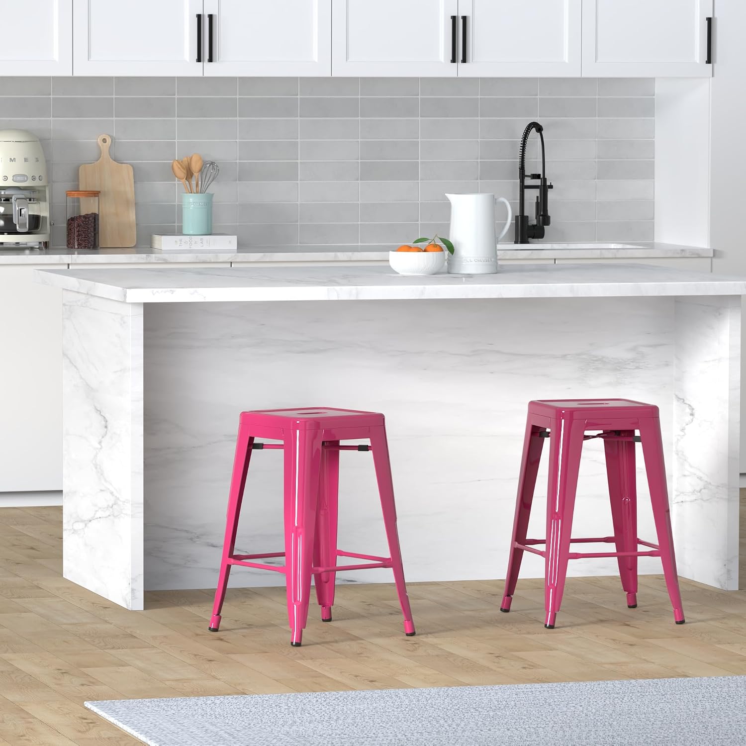 24 Inch Metal Bar Stools Set of 2, Stackable for Indoor Outdoor, Hot Pink