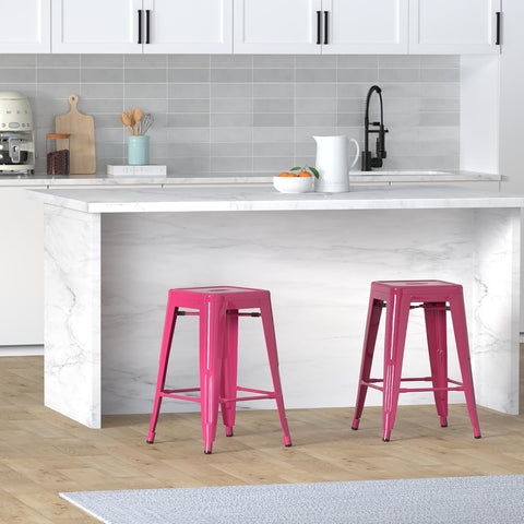 24 Inch Metal Bar Stools Set of 2, Stackable for Indoor Outdoor, Hot Pink