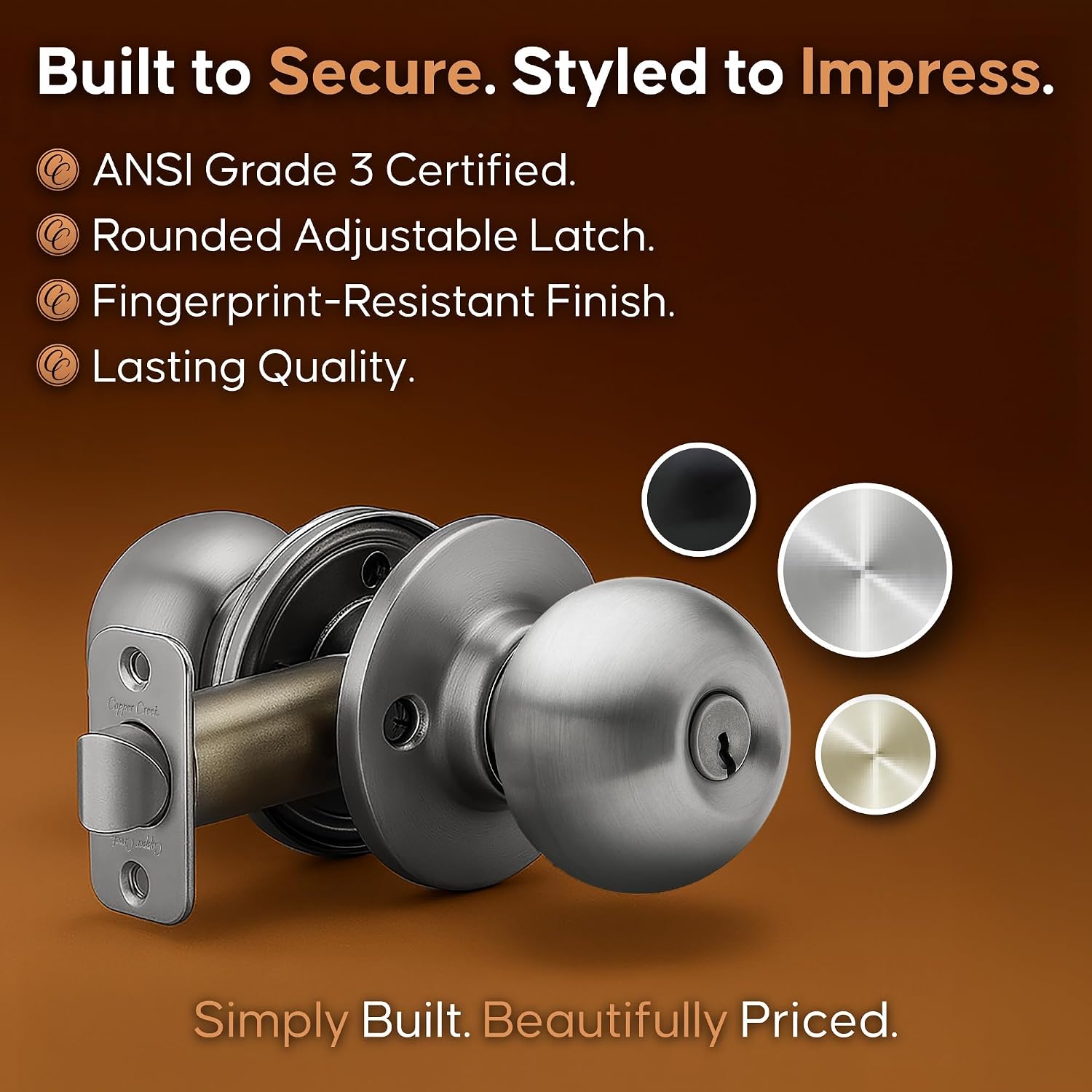 Copper Creek Entry Door Knob – Keyed Entry Handle with Lock and Key, ANSI Grade-3 Certified, DIY-Friendly Install for Interior and Exterior Entrance Doors – Satin Stainless (1 Pack)
