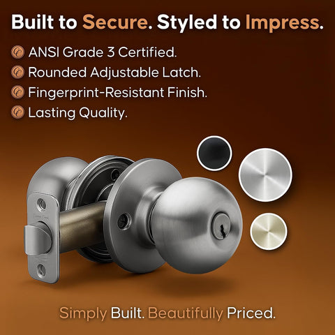 Copper Creek Entry Door Knob – Keyed Entry Handle with Lock and Key, ANSI Grade-3 Certified, DIY-Friendly Install for Interior and Exterior Entrance Doors – Satin Stainless (1 Pack)