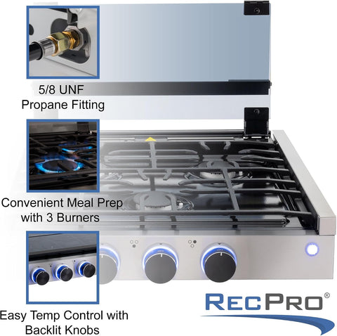 RecPro RV Built In Gas Cooktop | 2 Burner or 3 Burner | RV Cooktop Stove | 6,500 and 8,000 BTU Burners | Cover Included (Stainless Steel, 3-Burner)